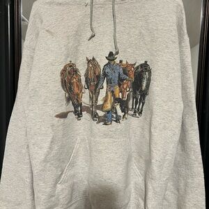 Gray Graphic Hoodie with Cowboy and Horses
